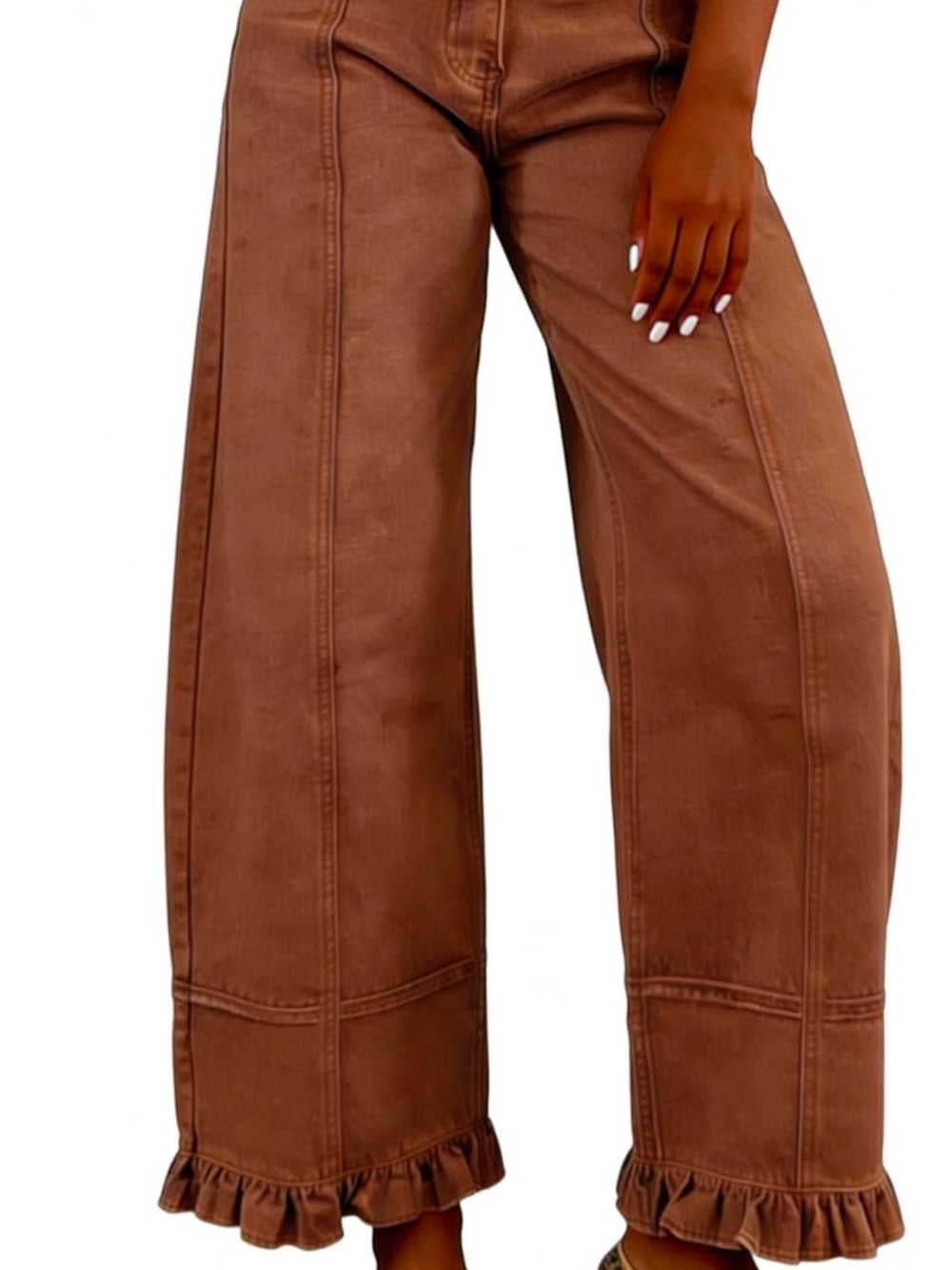 Ruffle Hem Wide Leg Pants in Brown